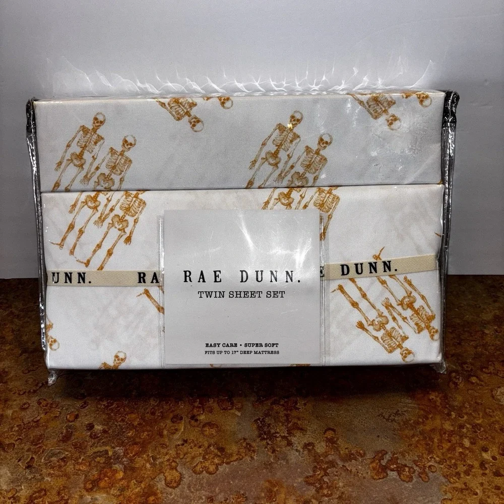 Rae Dunn Spooky Halloween 3 pc Twin Sheet Set Together Forever Skeletons New